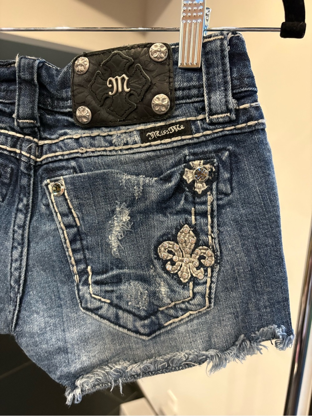 Miss Me Dark Blue Distressed Embroidered Denim Shorts - Picture 5 of 5